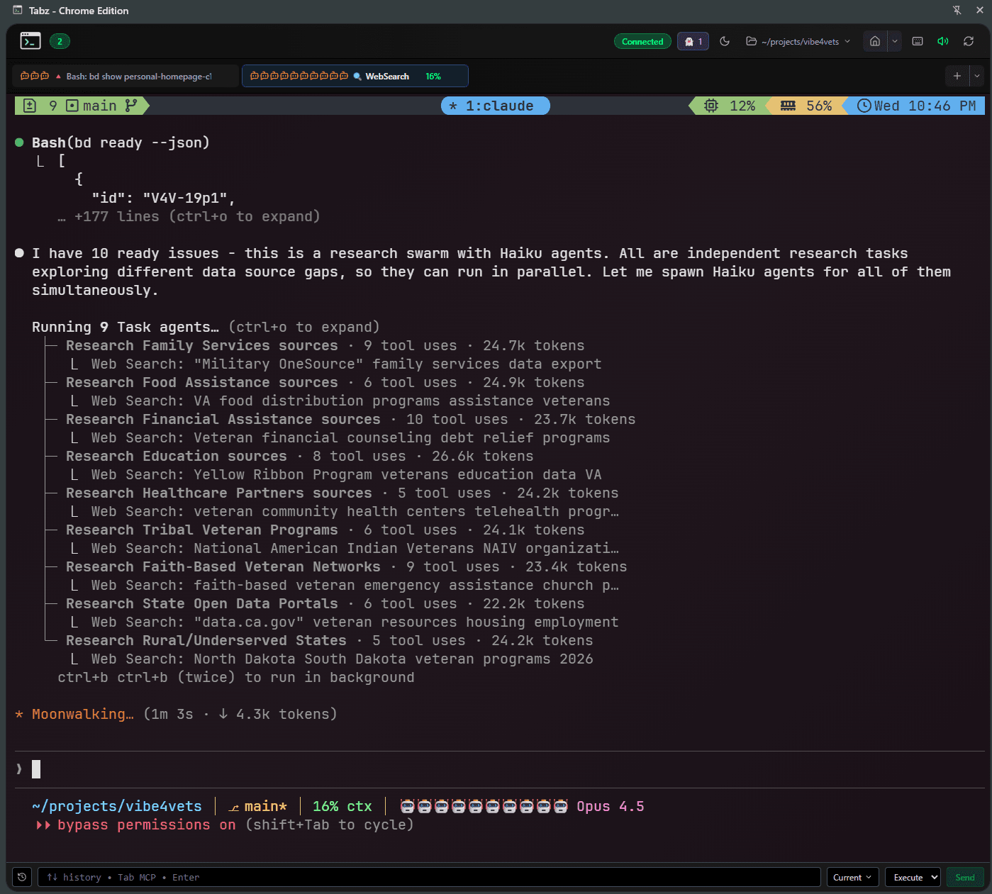 Research task queue showing parallel Haiku agents exploring different data sources